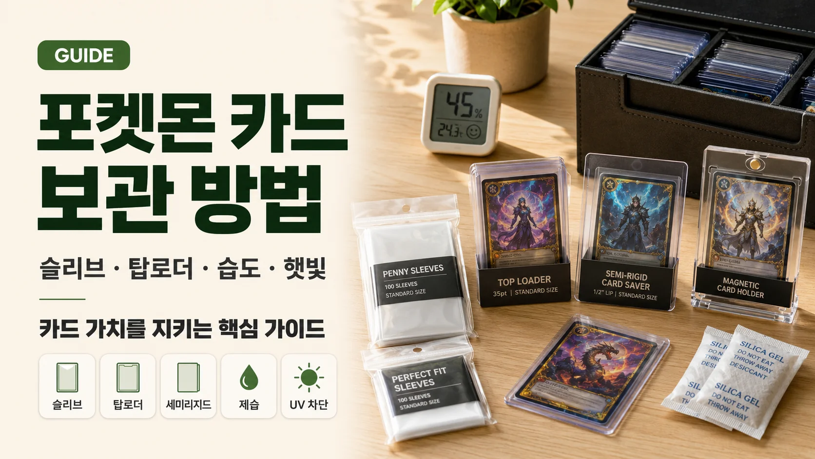 포켓몬 카드 보관 가이드: 슬리브·탑로더·세미리지드·자석홀더·실리카겔·온습도계