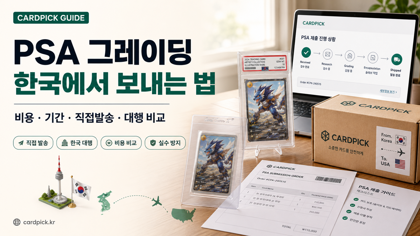 PSA submission 진행 상황 (Order Received → Payment → Package → Grading → Quality Check → Shipped)와 PSA Submission Checklist (Penny Sleeve, Card Saver I, Team Bag, Order Form, Payment, Shipping Label, Bubble Wrap, Box)